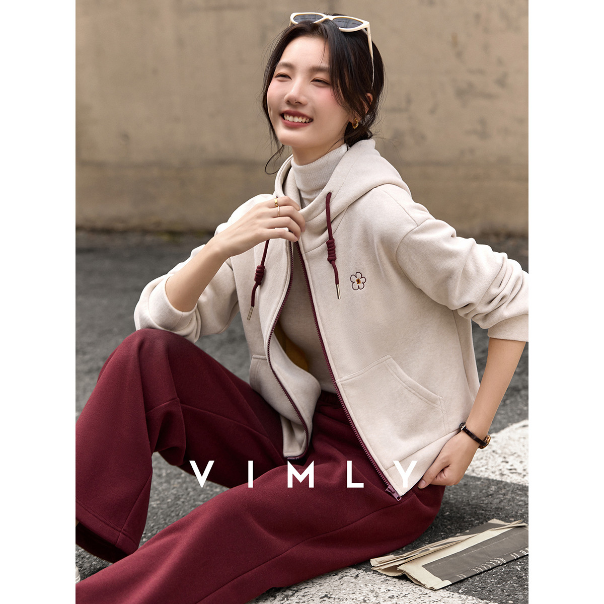 梵希蔓杏红色休闲运动卫衣套装女冬季连帽外套长裤两件套A3173