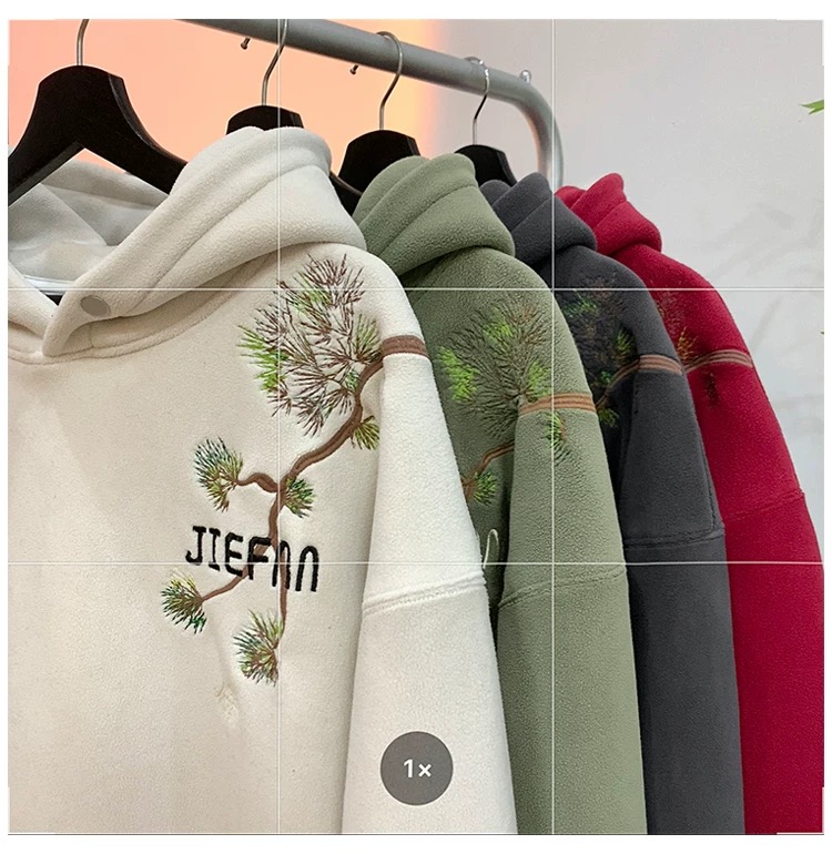 【JF66~加绒卫衣】迎客松刺绣卫衣秋冬双面奥粒绒套头连帽卫衣