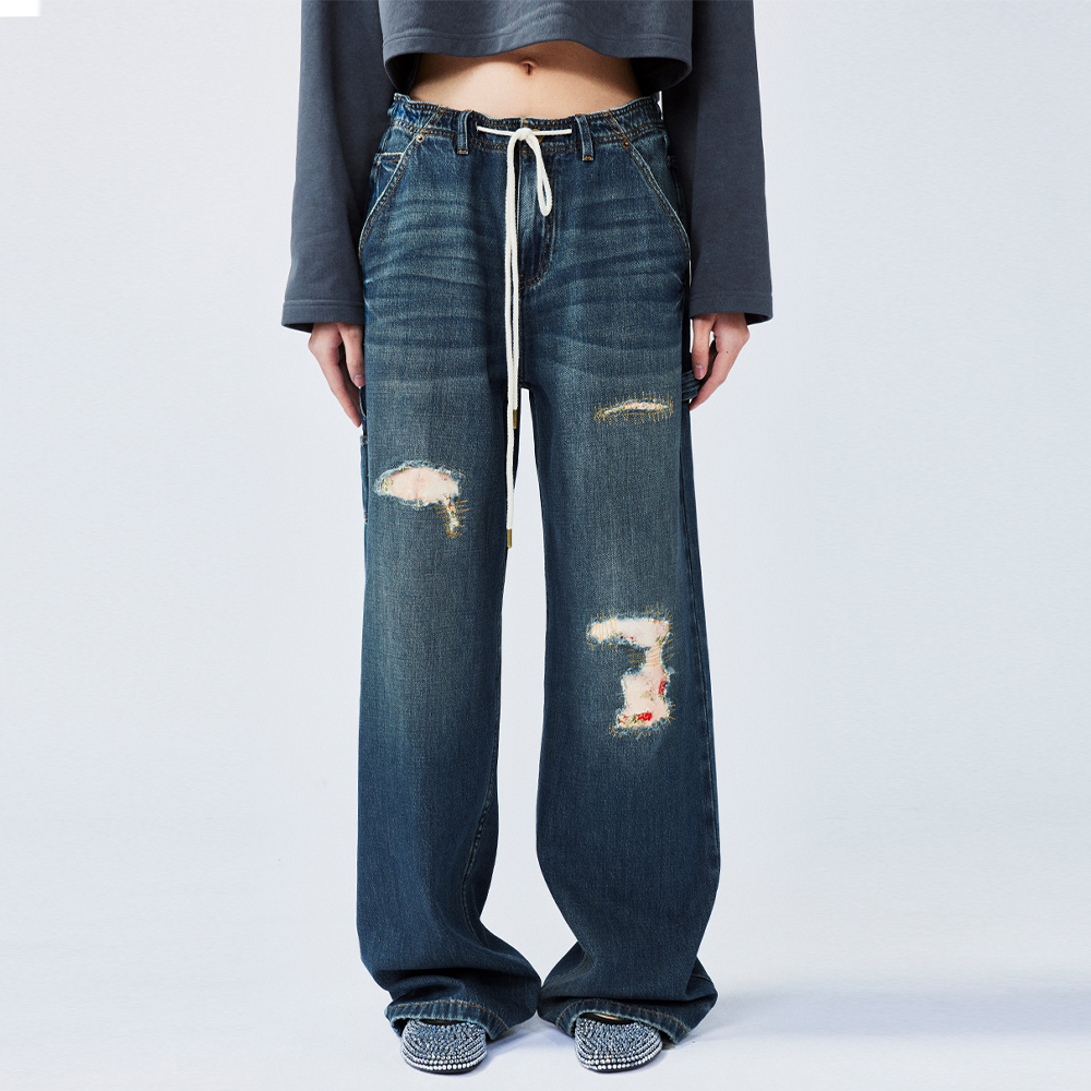 UOOYAA/乌丫「愉悦的REMAKE」缝缝补补艺术感牛仔裤UL25134N237150