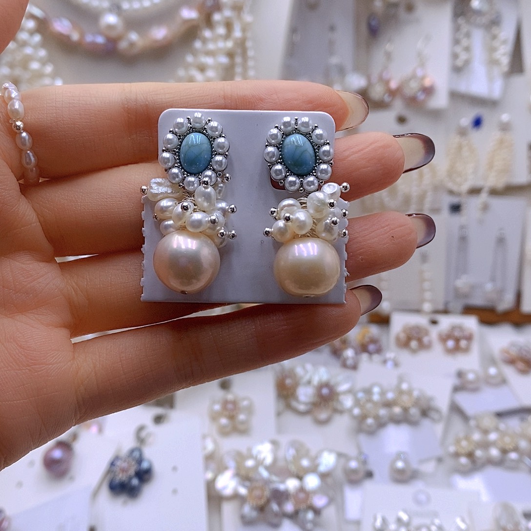 崩***拉耳饰淡水珍珠银S925镶嵌