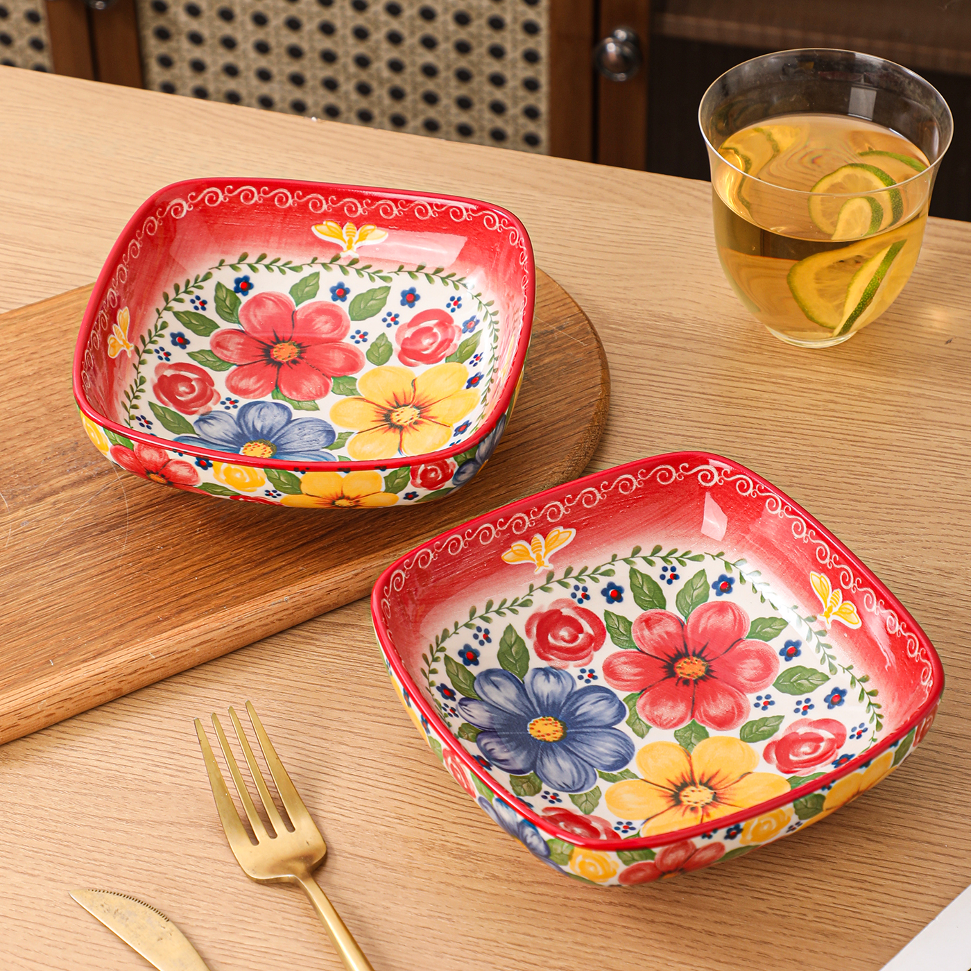 蜜语花香6英寸四方凉菜盘两个装釉下彩陶瓷餐具