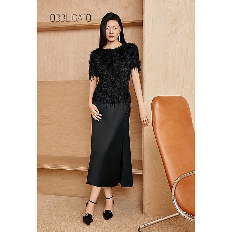 OBBLIGATO奥丽嘉朵1C355055552025冬季新款珍珠拼接连衣裙