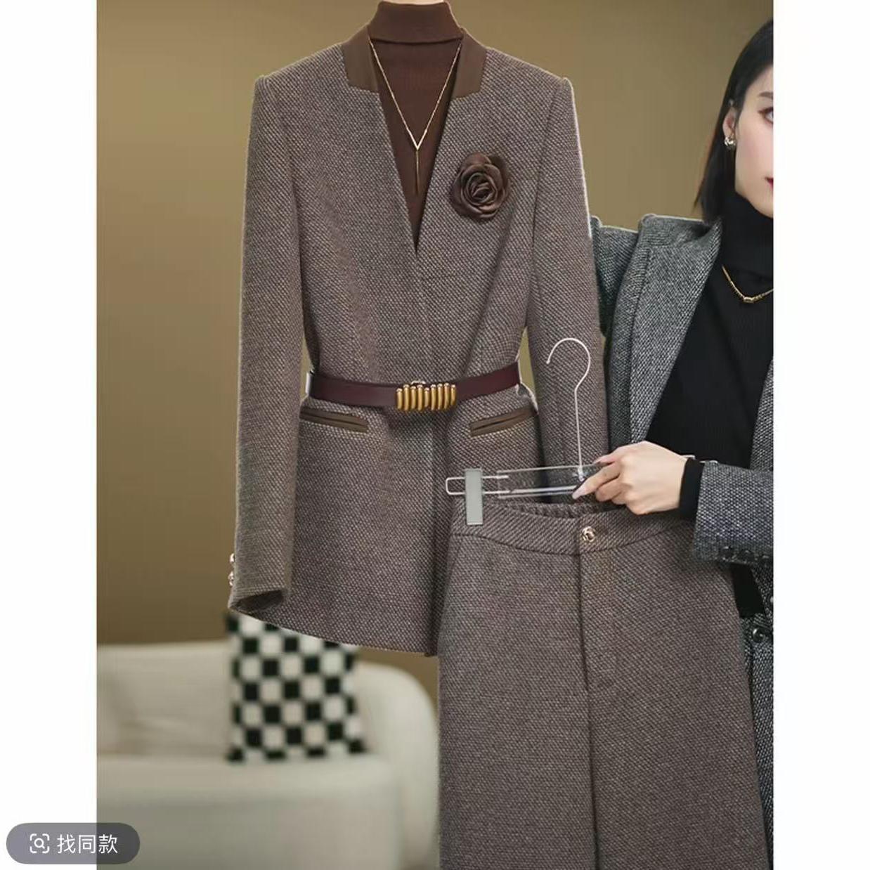 【三件套】2025秋季灰色气质外套上衣+休闲裤子+腰带时尚套装Z860