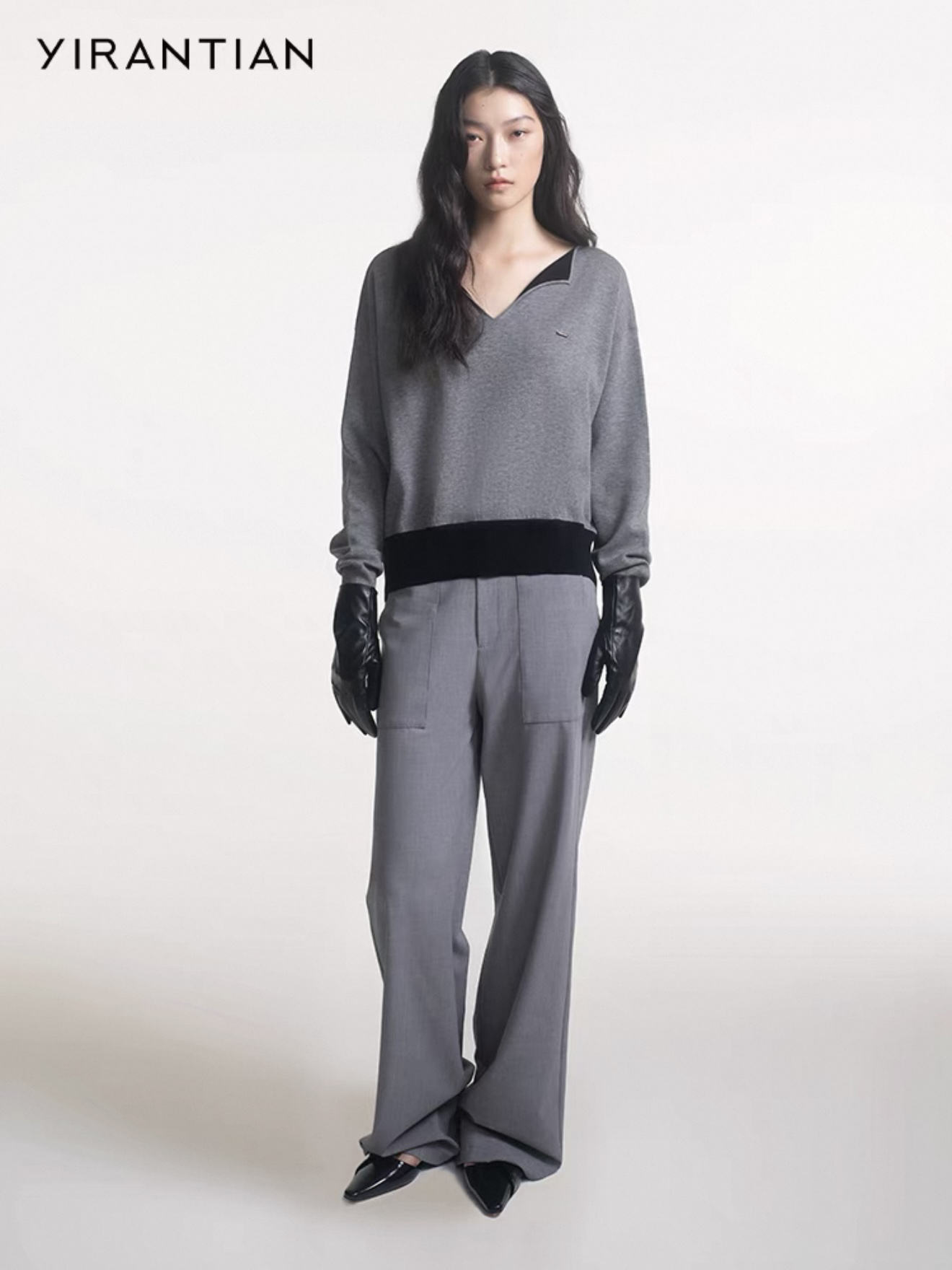 【YIRANTIAN】2025女士春装新品两穿V领小翻领撞色拼接针织衫上衣