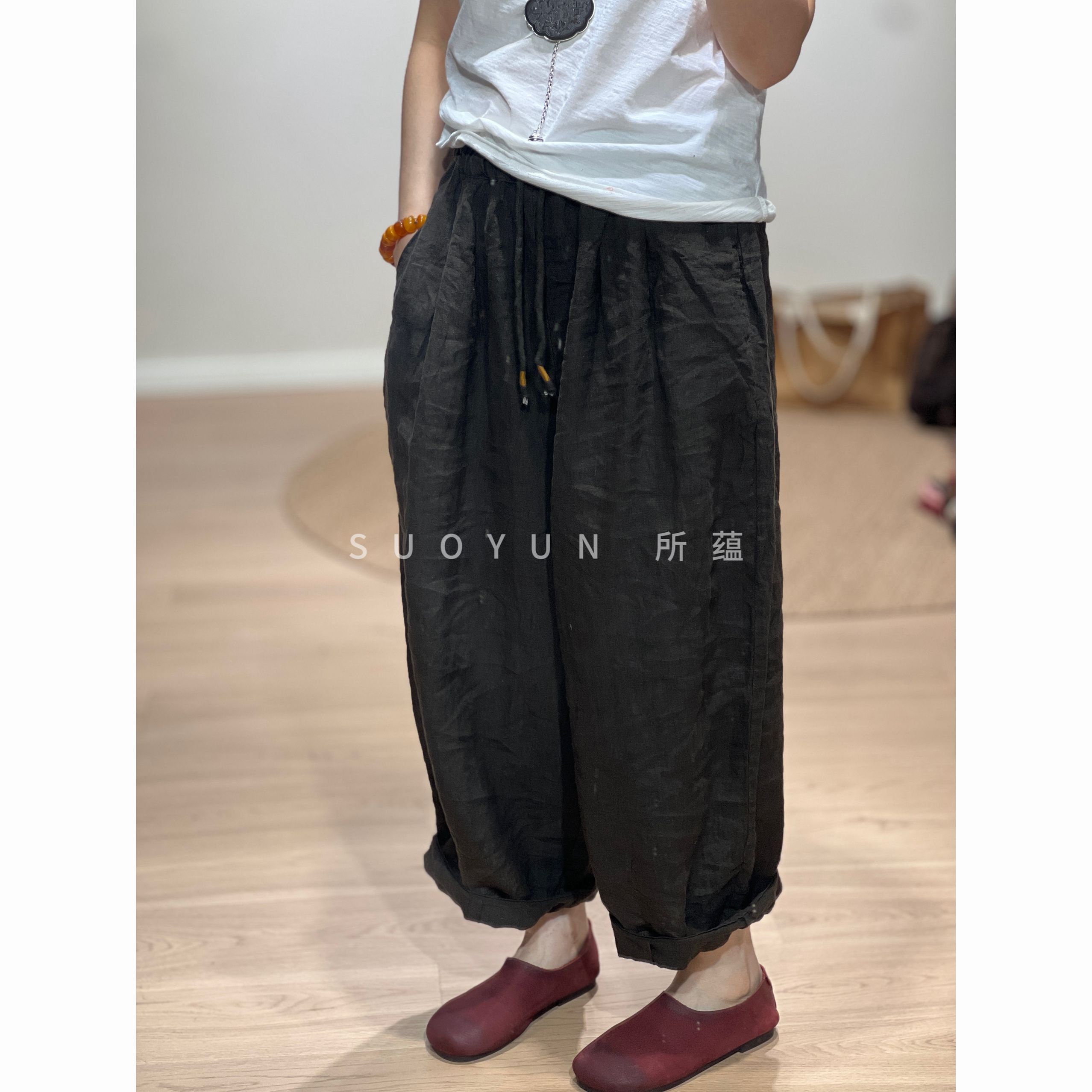 所蕴早秋新款宽松系带亚麻休闲女裤3时尚经典百搭松紧腰抽绳裤