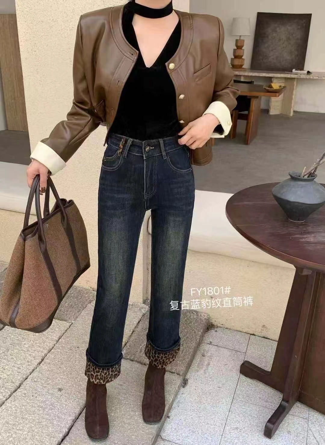 复古蓝豹纹直筒裤加厚加绒直筒复古百搭韩版水洗修身显瘦时尚气质