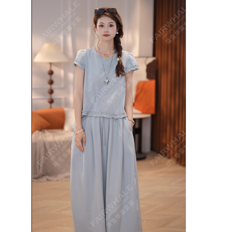 马克华菲女装短袖气质牛仔蓝色上衣+休闲裤套装洋气设计感显瘦 S