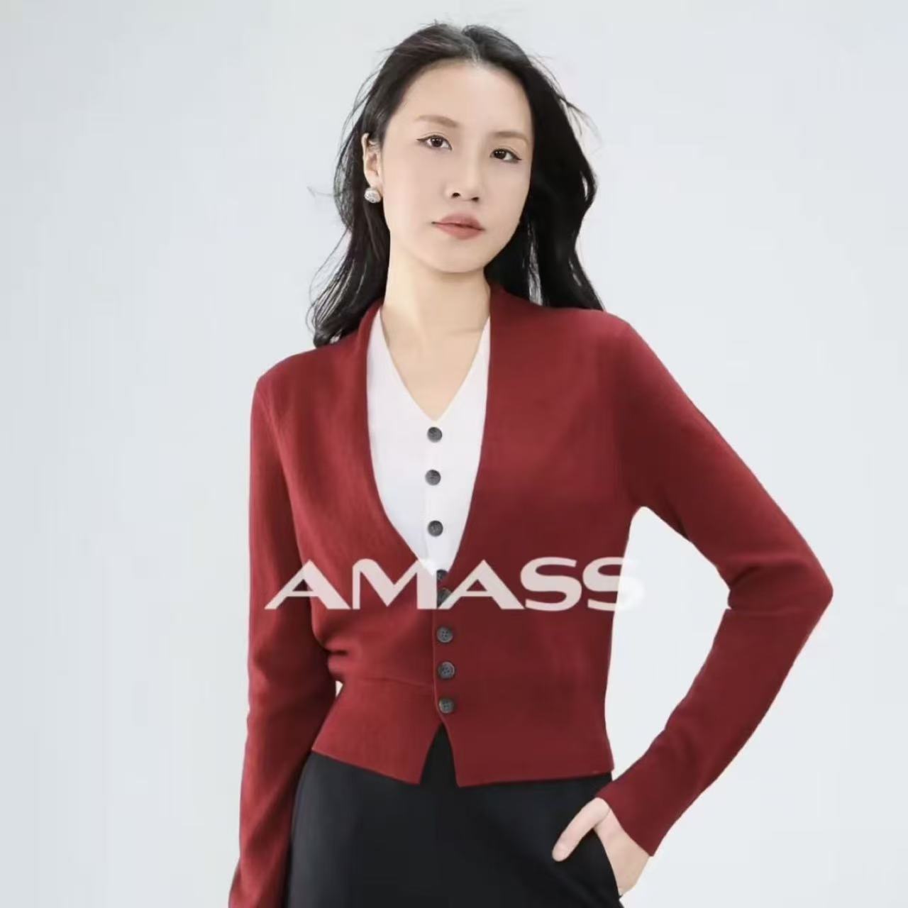 AMASS/阿玛施新款慵懒时尚休闲百搭长袖造型假两件针织衫女548006