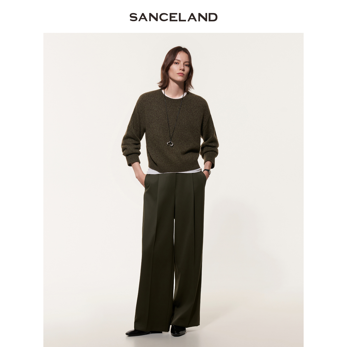 SANCELAND三石一澜25秋羊毛复古叠褶直筒裤宽松休闲裤SJ32103077