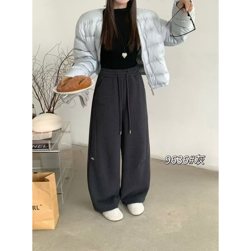 9636-3402 加绒加厚韩版休闲裤子百搭阔腿弯刀抽绳卫裤