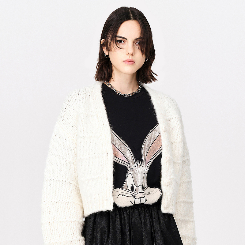 【陈大可】DAZZLE地素23春新款法式慵懒风白色粗线针织毛衣开衫女2H