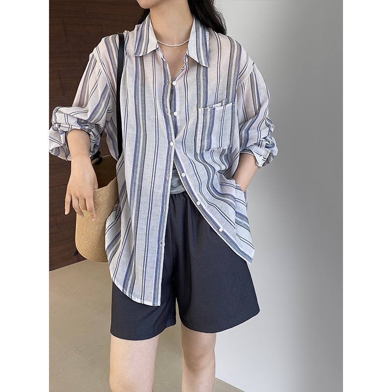 韩系条纹长袖薄款女式防晒衬衫女长袖夏季宽松休闲衬衣 6275