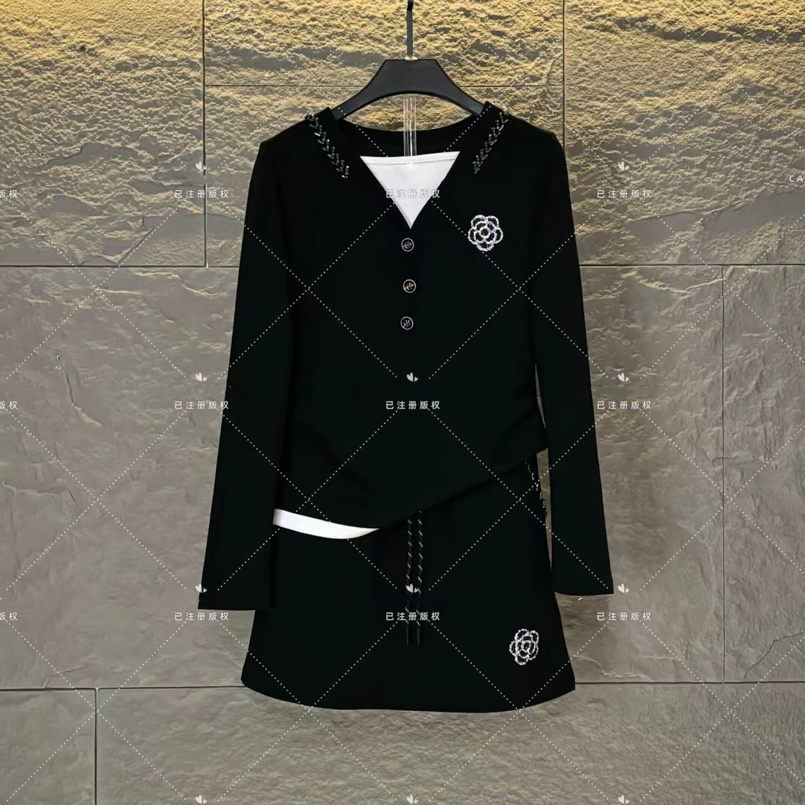 秋冬季高级感新款重工山茶花设计时尚减龄显瘦长袖套装LG077