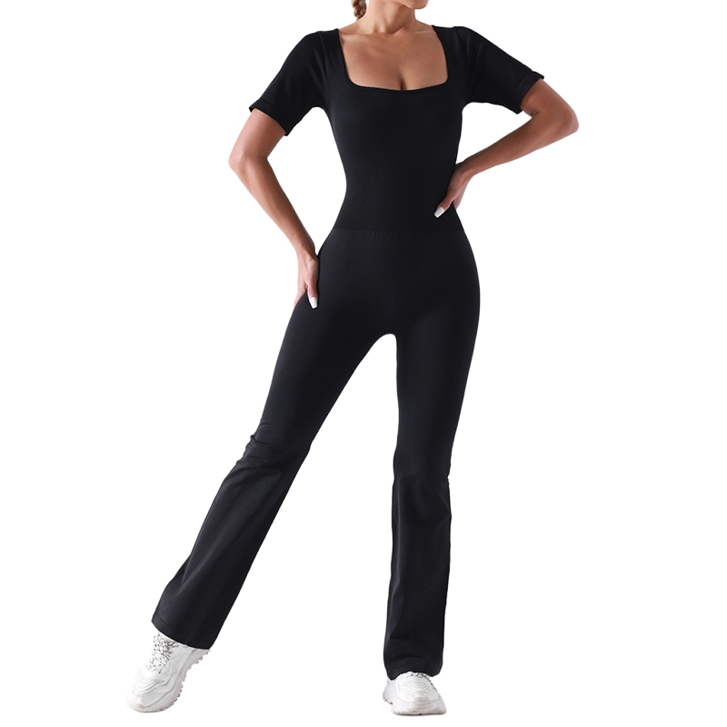 MOON-单层螺纹方领短袖阔腿裤连体服