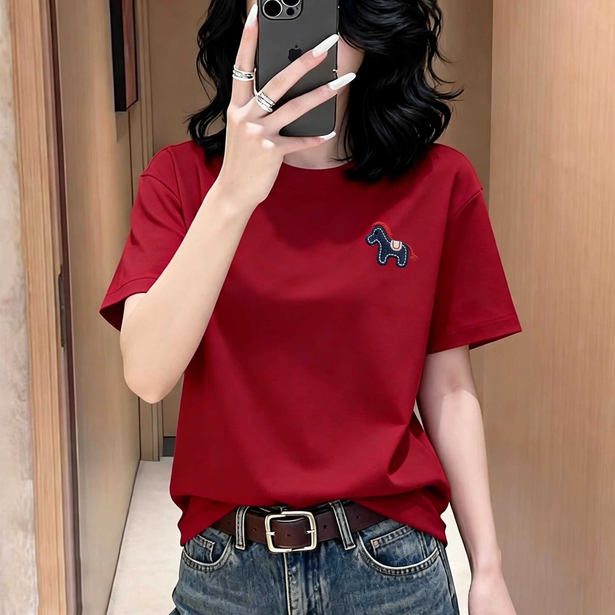 纯棉刺绣T恤女纯色小马标短袖t恤圆领短袖红色马洋气正肩t抗起球