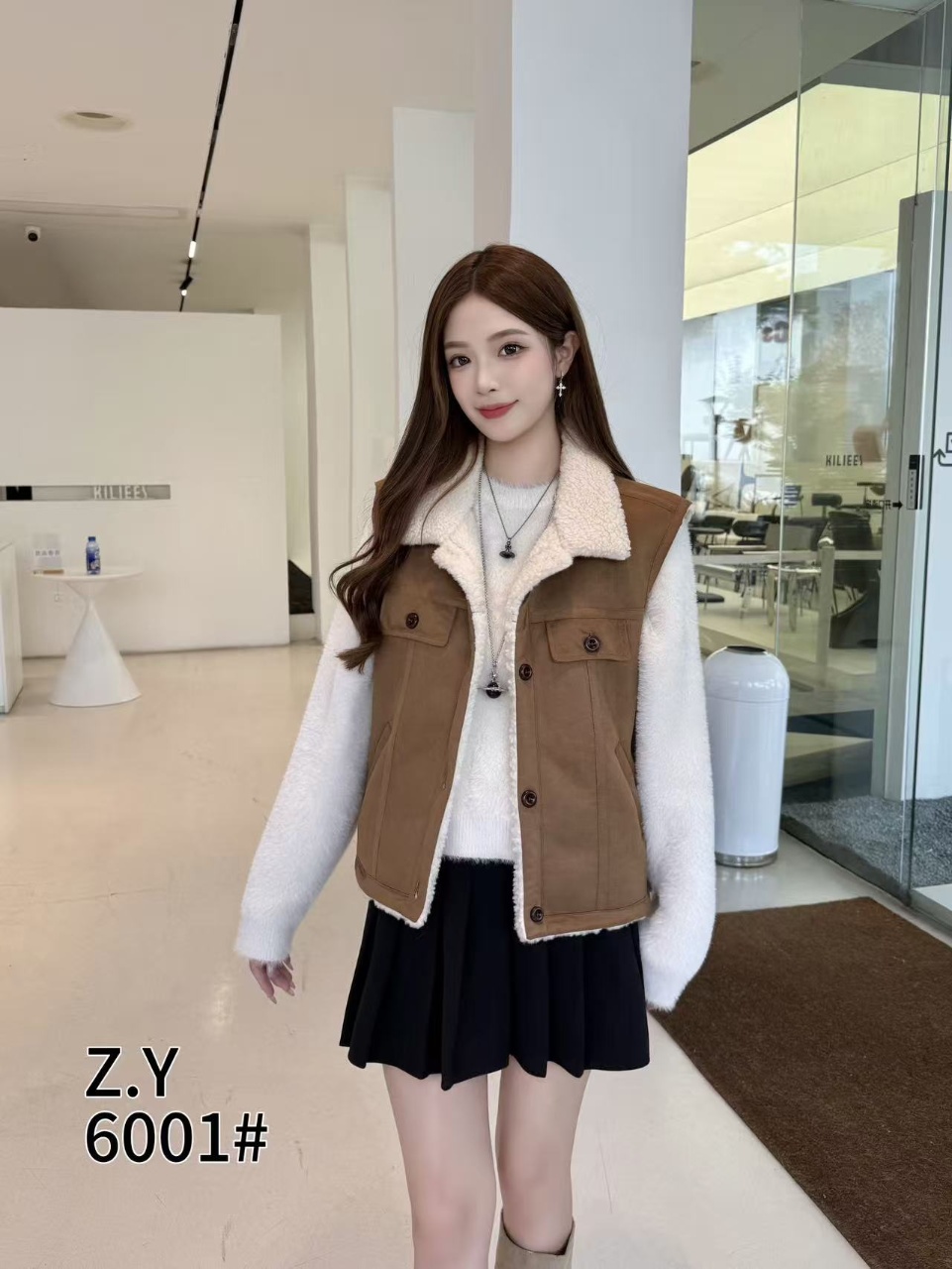 拼接口袋厚款短款冬季通勤风马夹韩版加绒时尚毛马甲6001款