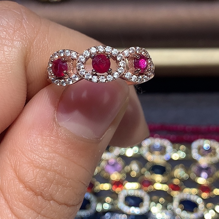 戒指银S925镀金镶嵌红宝石