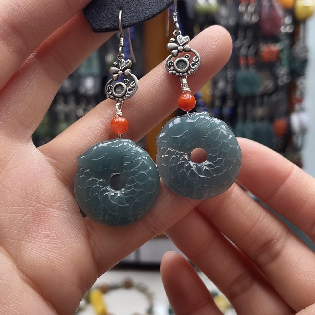 翡翠耳饰银S925镶嵌饰品