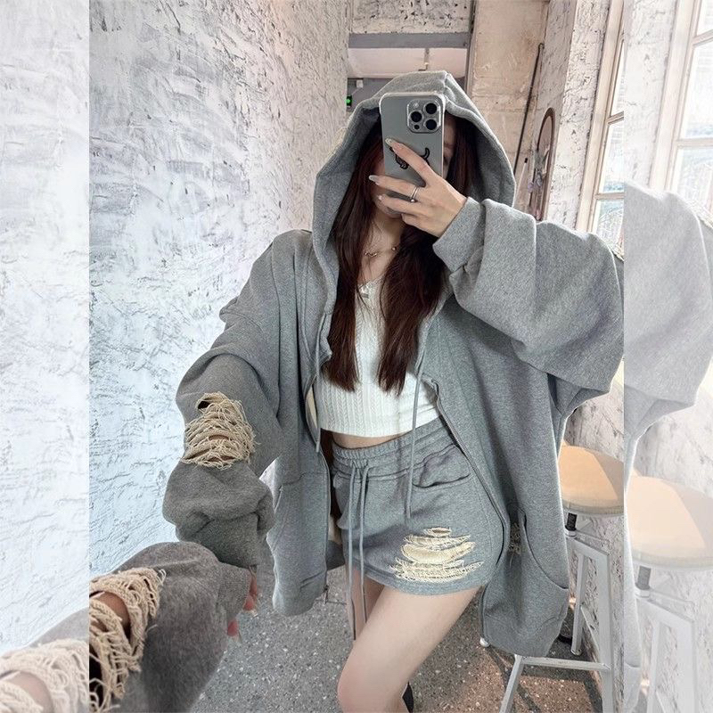 辣妹运动卫衣套装大码宽松新款设计感破洞连帽外套半身裙两件套