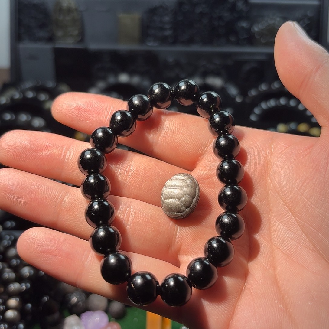 黑曜岩未镶嵌手链黑曜石10mm配银曜石龟背
