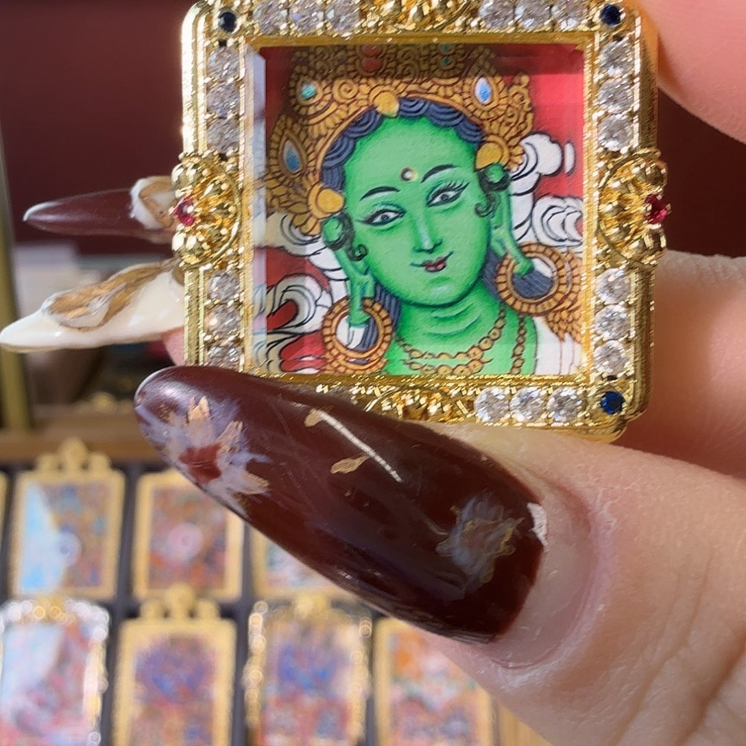 中***酱吊坠绿度母手绘唐卡