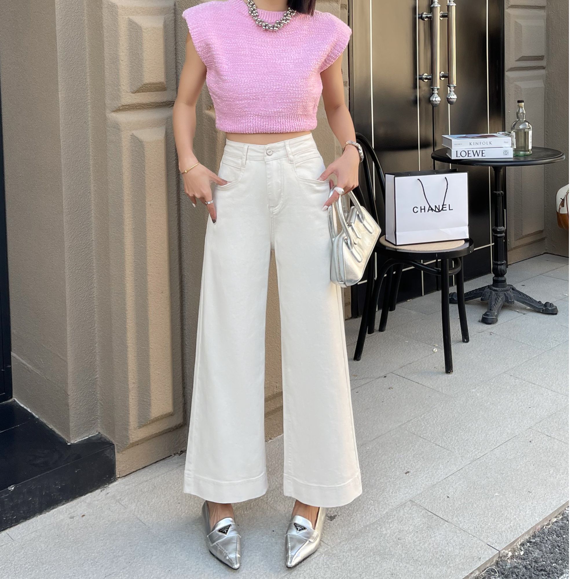 杏色9分奶奶牛仔裤女爆款宽松阔腿裤小个子显瘦