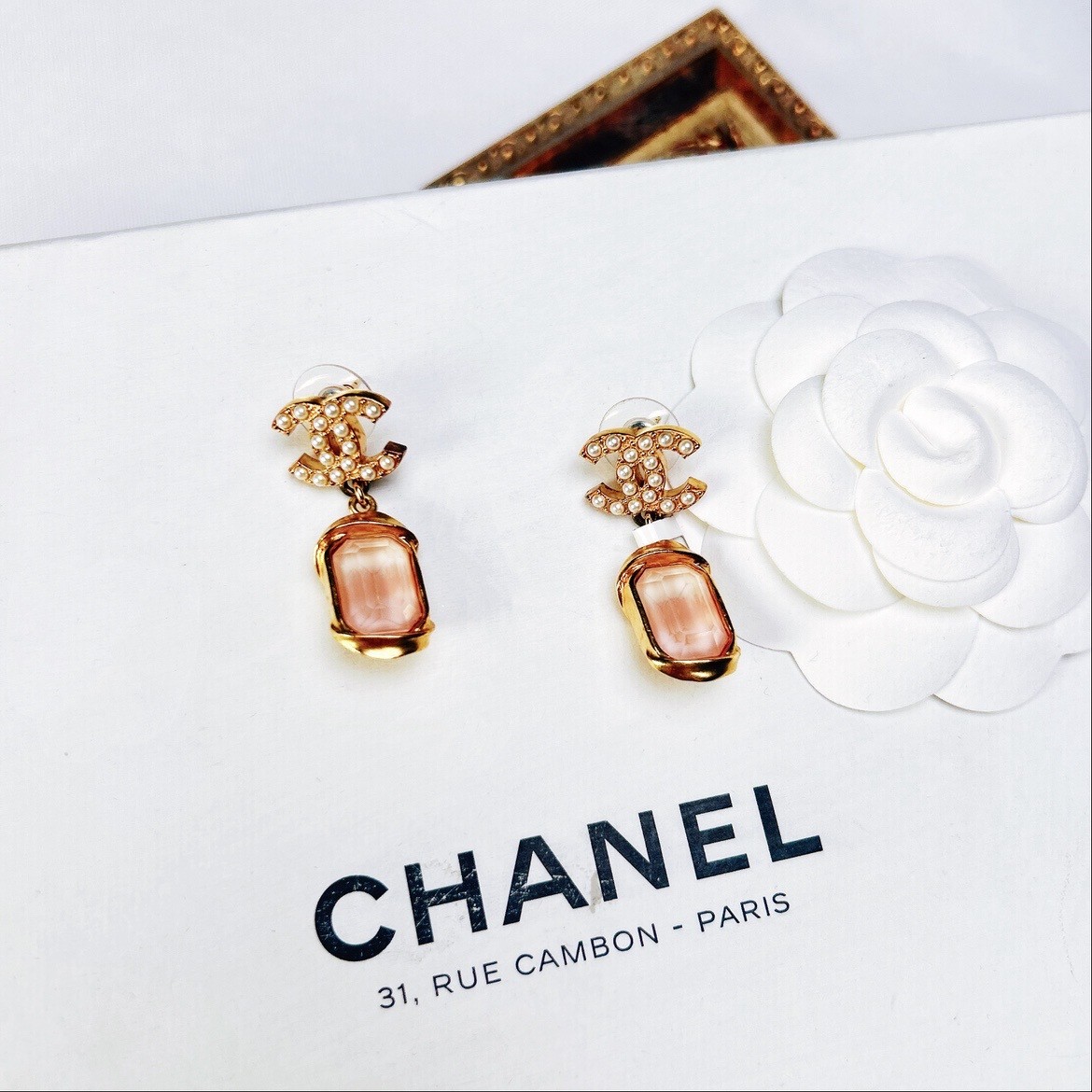 95新 Chanel/香奈儿 柚礼中古/香奈儿珍珠双c粉琉璃耳钉HZ512027