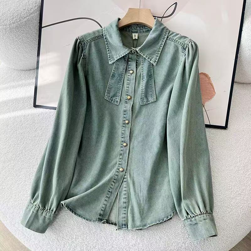 蝴蝶结牛仔衬衫复古