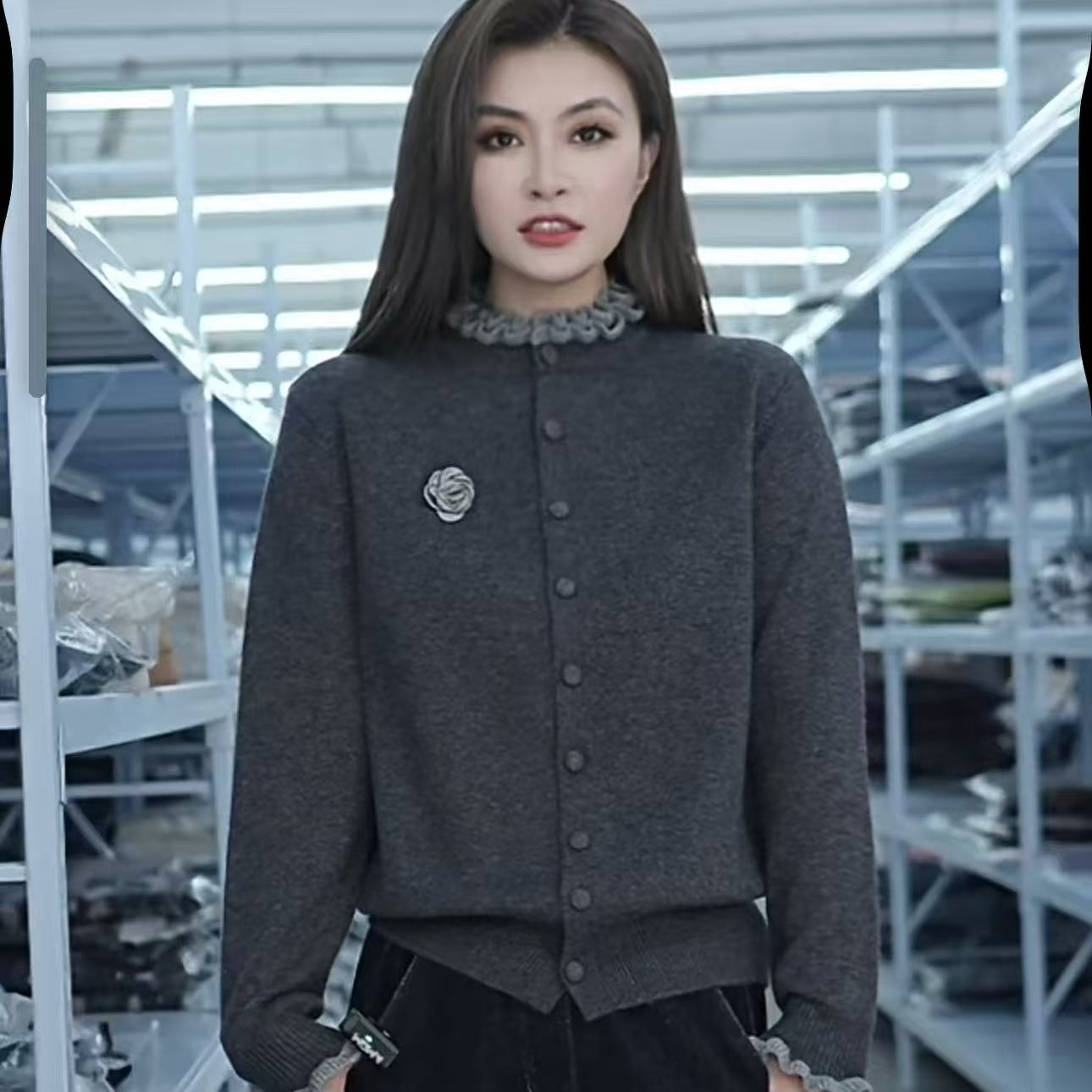 法式温柔木耳边半高领针织开衫女秋冬新款时髦花瓣袖减龄B153#