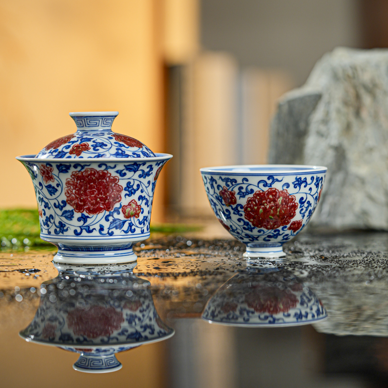 【小乔赏瓷】堂钟正釉里红缠枝莲马蹄盖碗鸡心杯tzz220