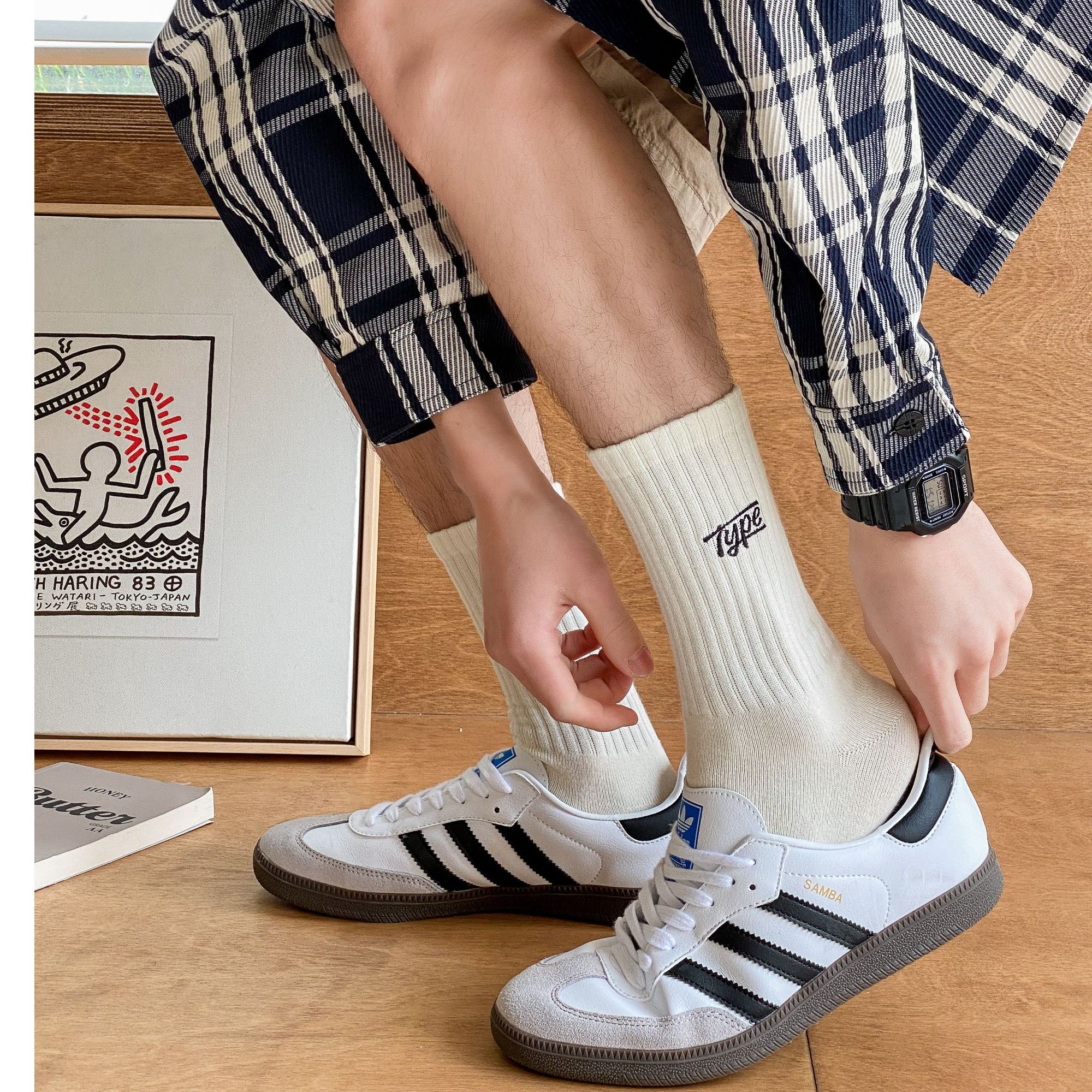 新款春秋季吸汗长袜透气冬季字母刺绣男士