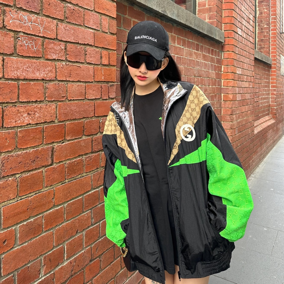 99新 GUCCI/古驰 23ss款拼色老花刺绣双G拉链夹克外套 S码