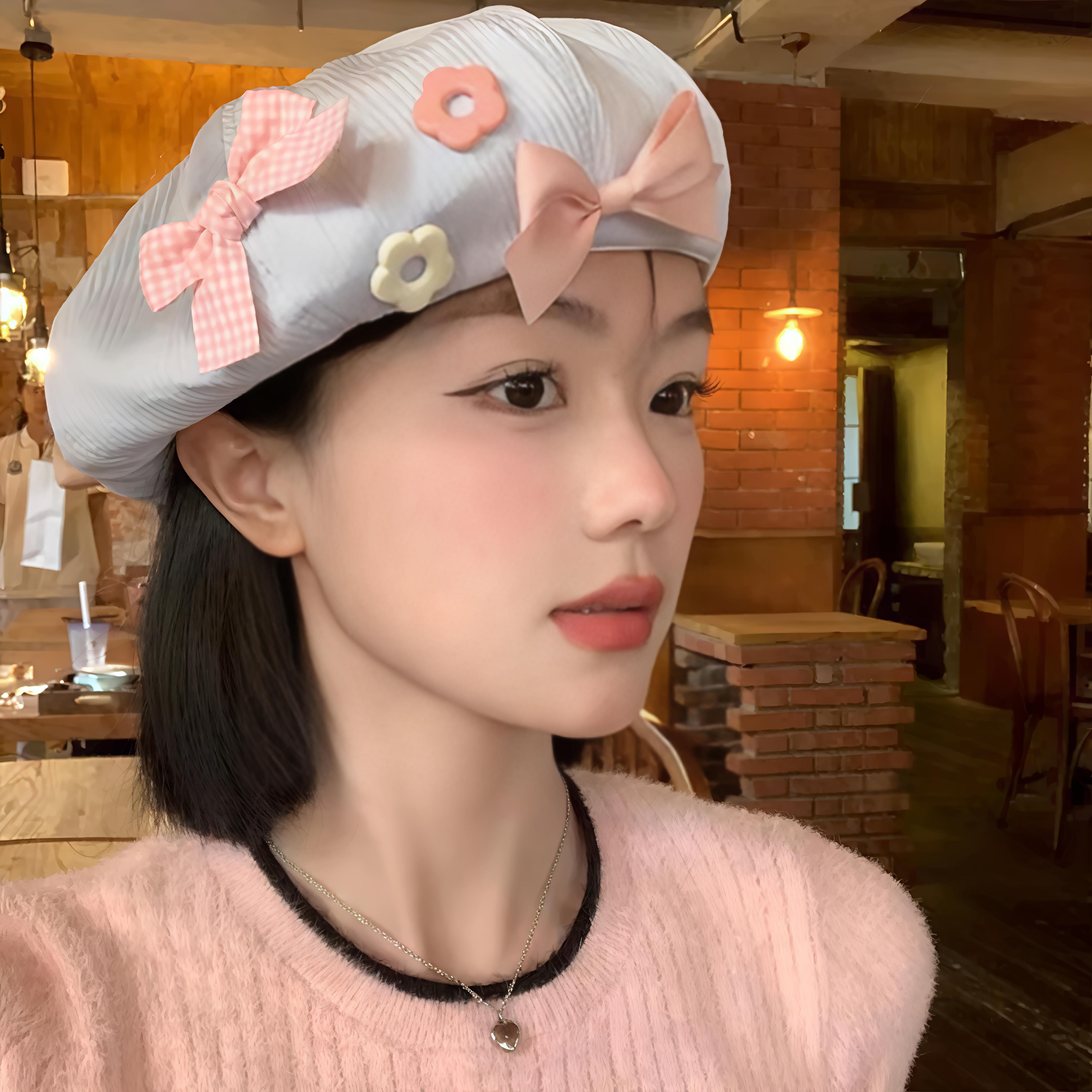 蝴蝶结花朵日系贝雷帽显白脸小超气质百搭日系网红潮流帽子女