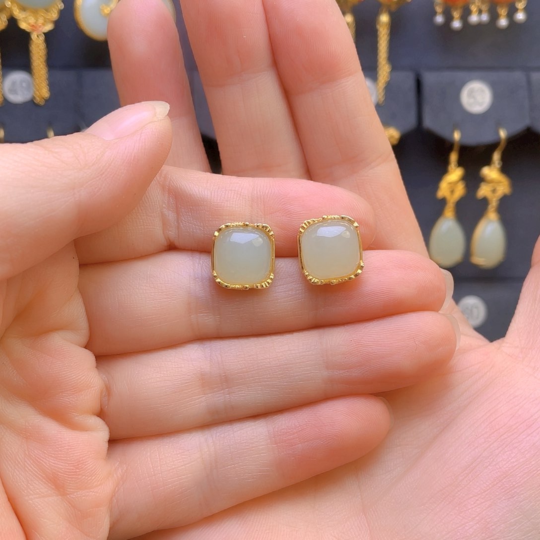 和田玉耳饰银S925镀金镶嵌