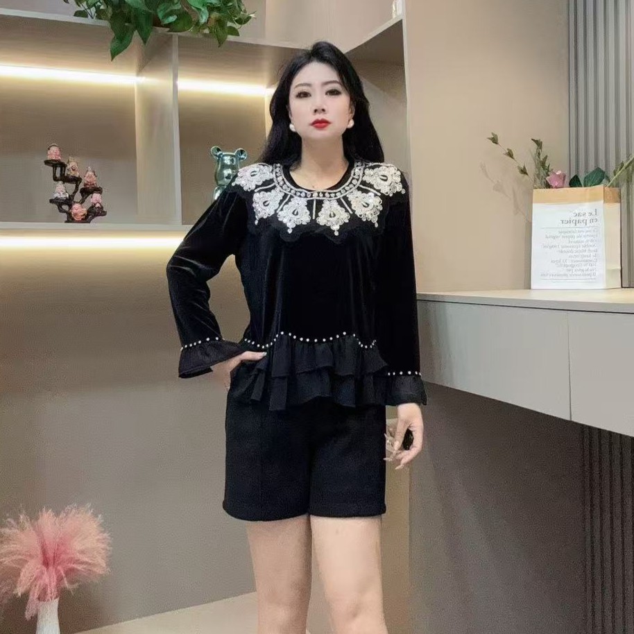 冬季小衫-檬 9385时尚亮闪重工艺珠珠边设计款胖MM大码女装新款