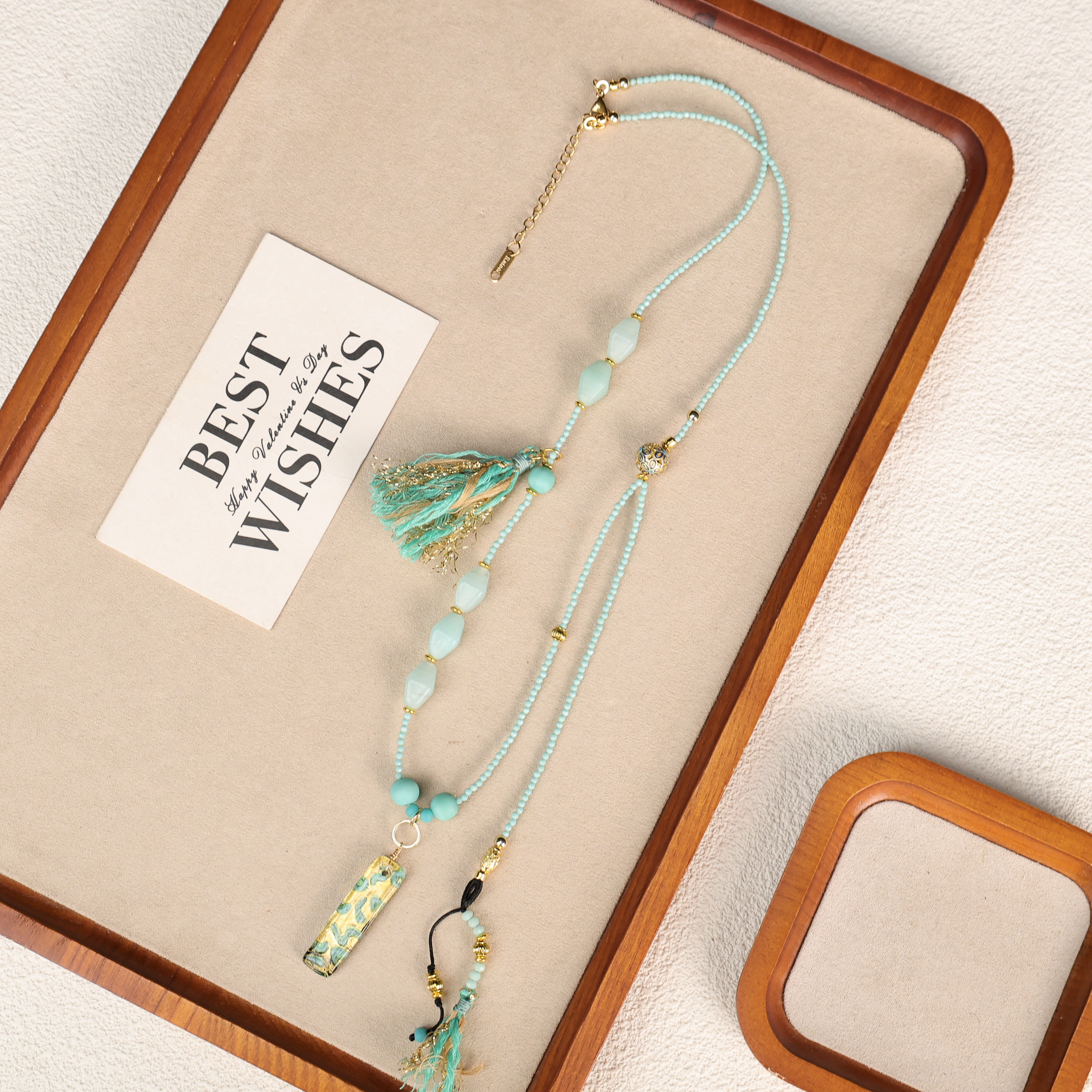 合金琉璃吊坠 LZ5003蓝绿金箔长方形方块吊坠蓝料菱形切面项链