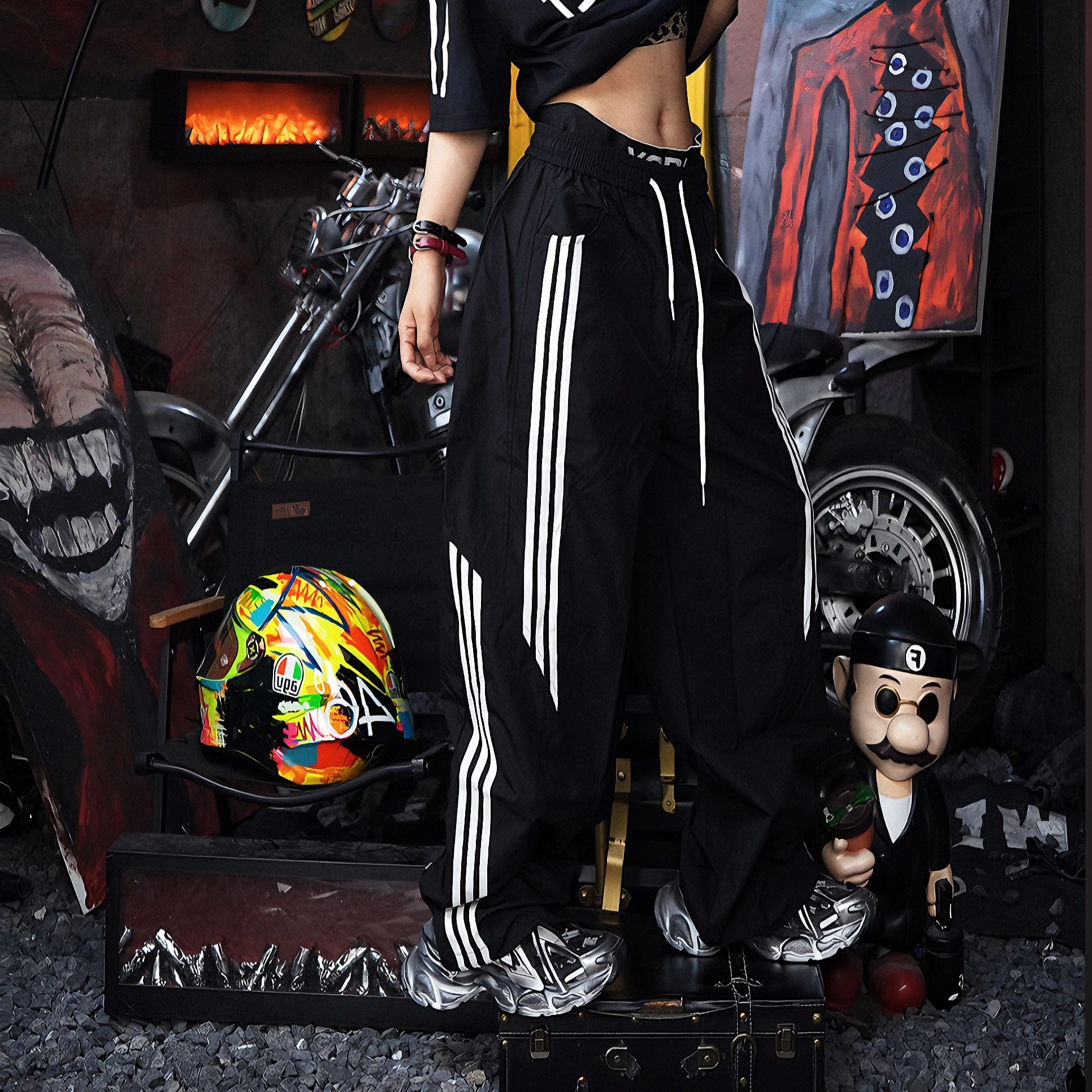 美式复古条纹街头高腰休闲裤男女oversize运动街头百搭阔腿裤