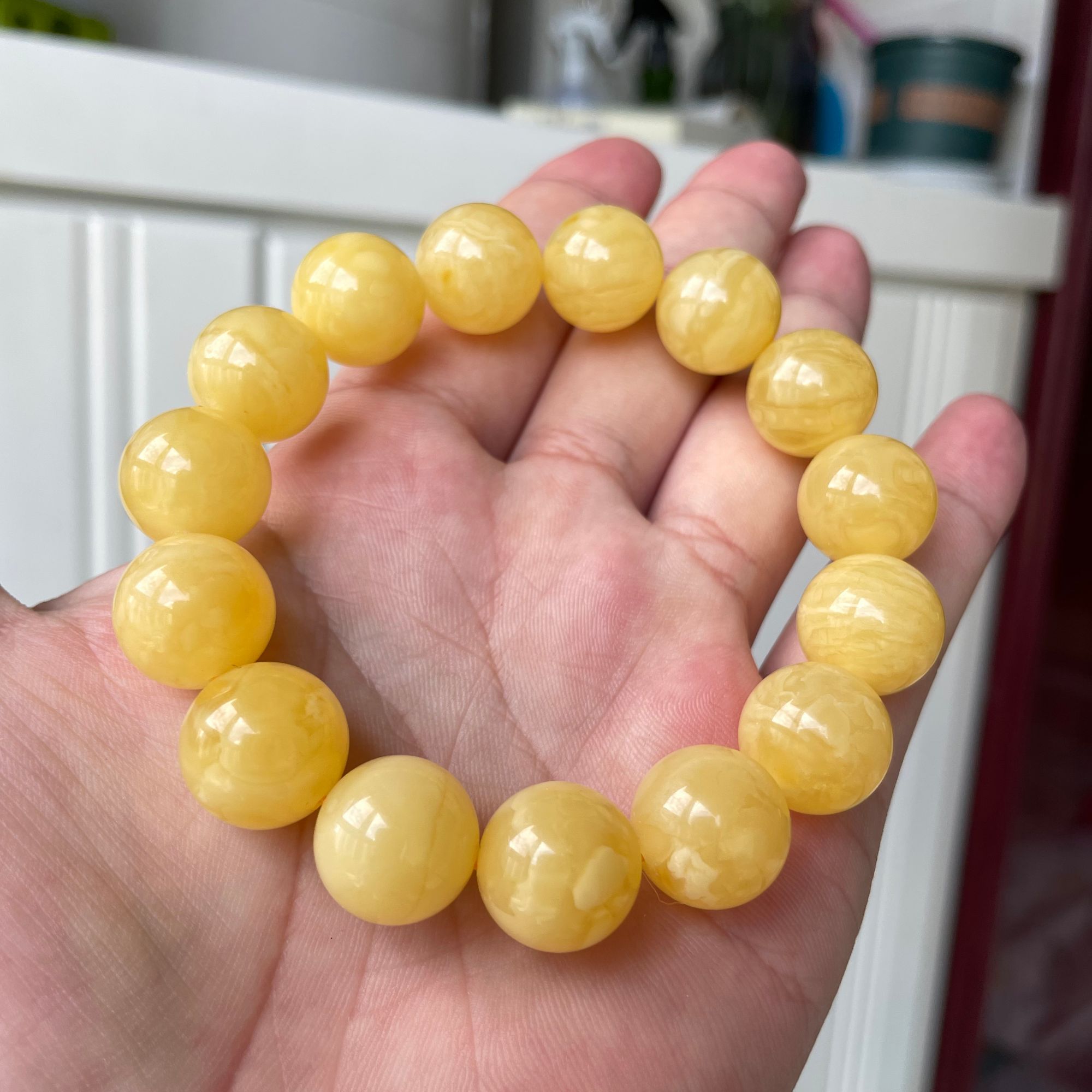 鸡油黄满蜡俄料蜜蜡手串14.5mm无优化无烤色