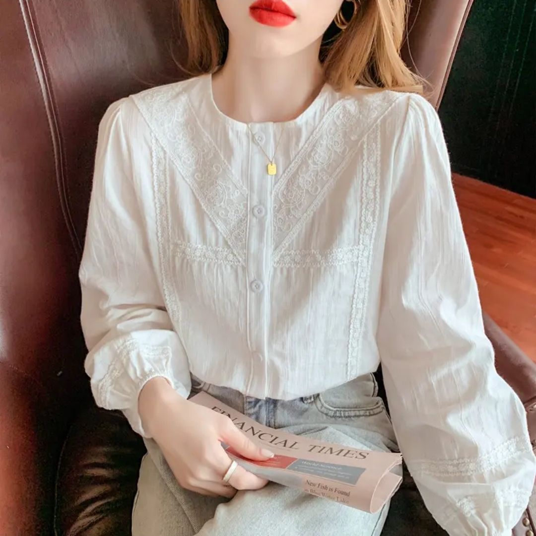 （棉）衬衫女2025新款长袖圆领提花法式别致蕾丝镂空衬衣上衣春季