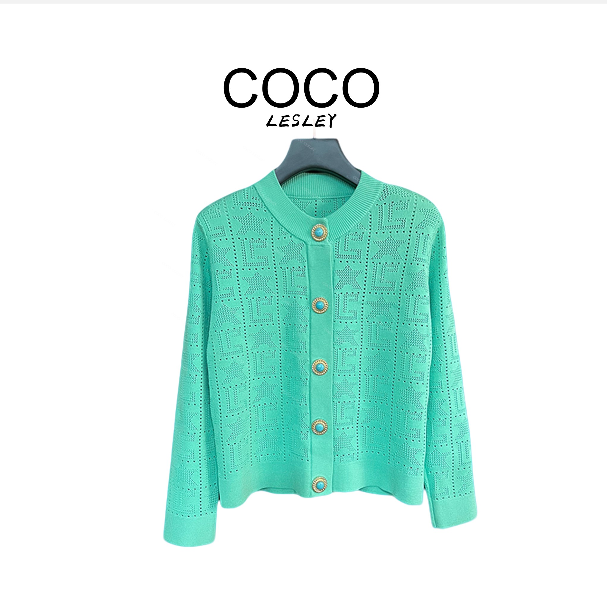【COCO LESLEY】带肩垫针织开衫外套女镂空气质长袖上衣cx7786