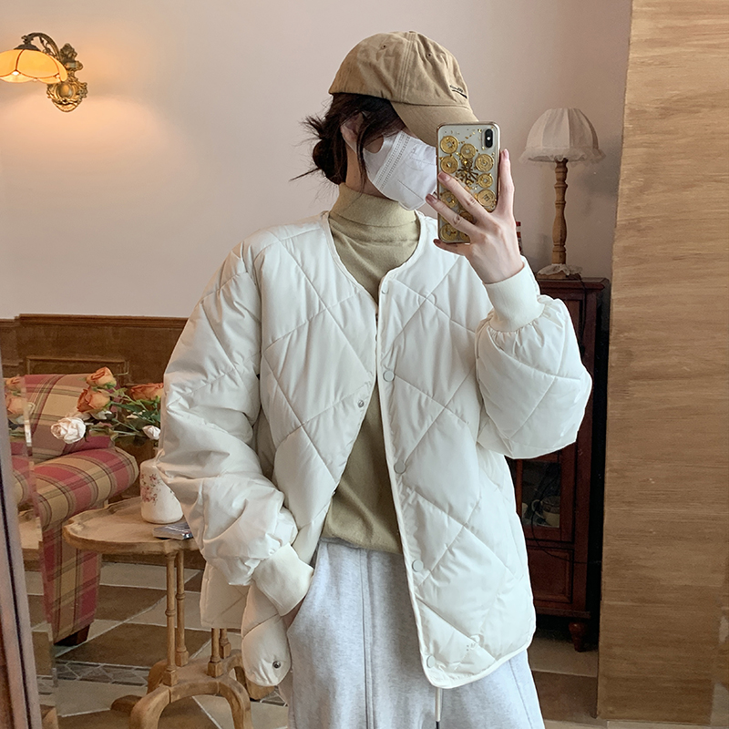 ins设计感冬季菱形格休闲棉衣秋冬棉袄轻薄百搭宽松短款棉服外套