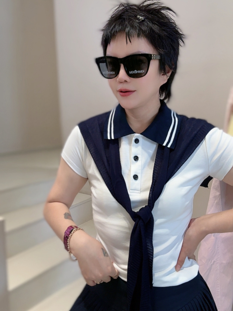 【济州岛】撞色polo领设计短袖+披肩+百褶裙三件套