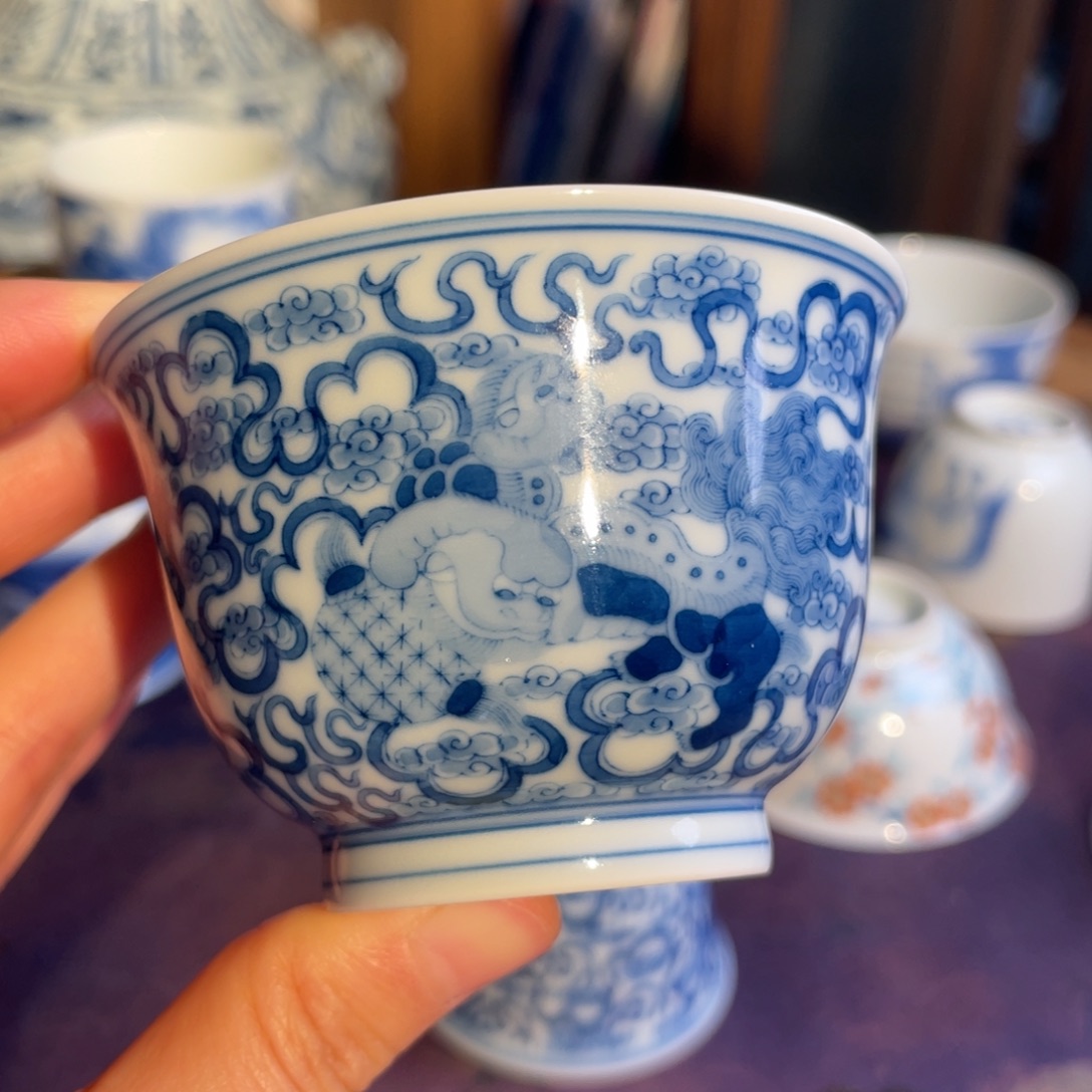 杯子陶瓷望玉青花狮子绣球炉式杯