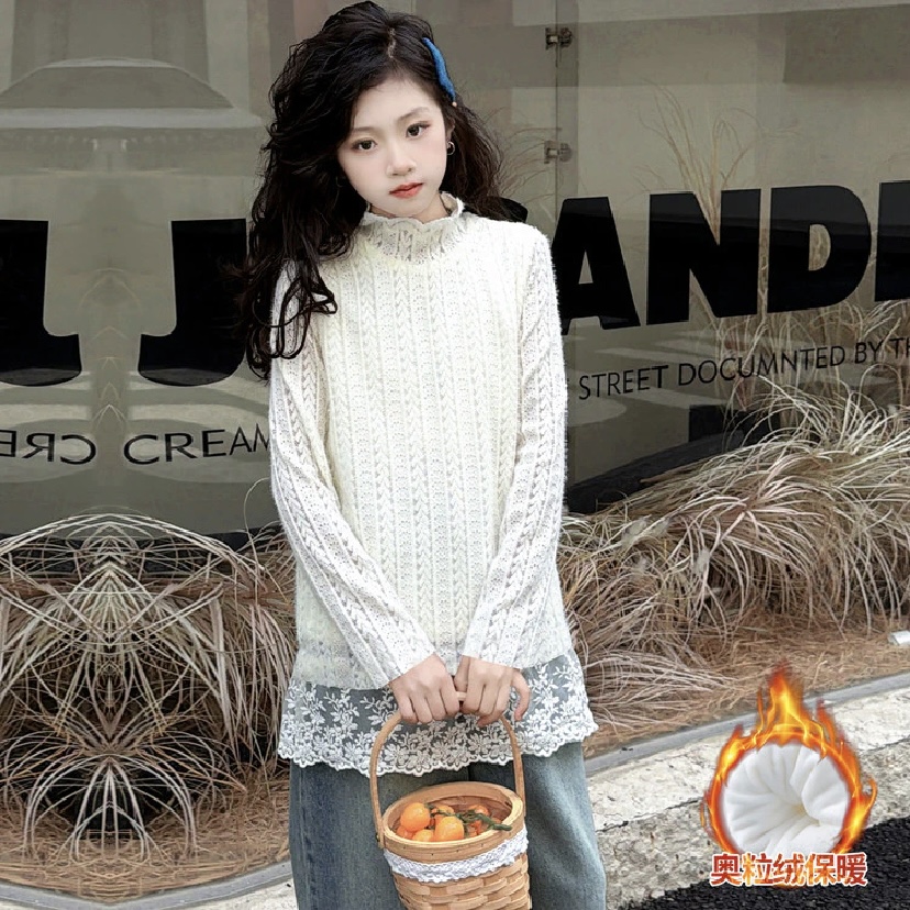 中大童女童2025冬新款韩版时尚半高领蕾丝加绒加厚保暖打底衫