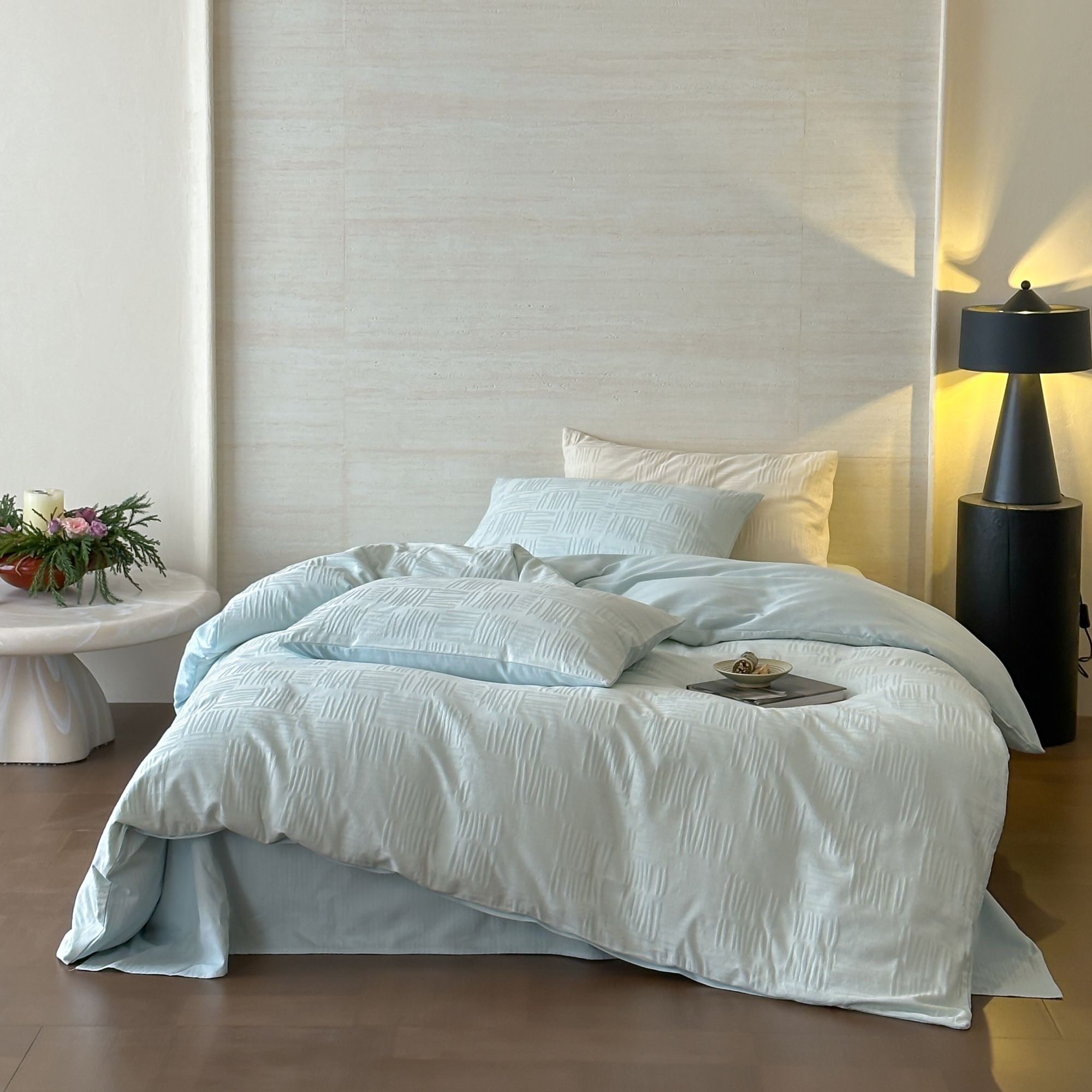 小玲子家纺 几里 A类全棉立体提花四件套简约纯色床品套件