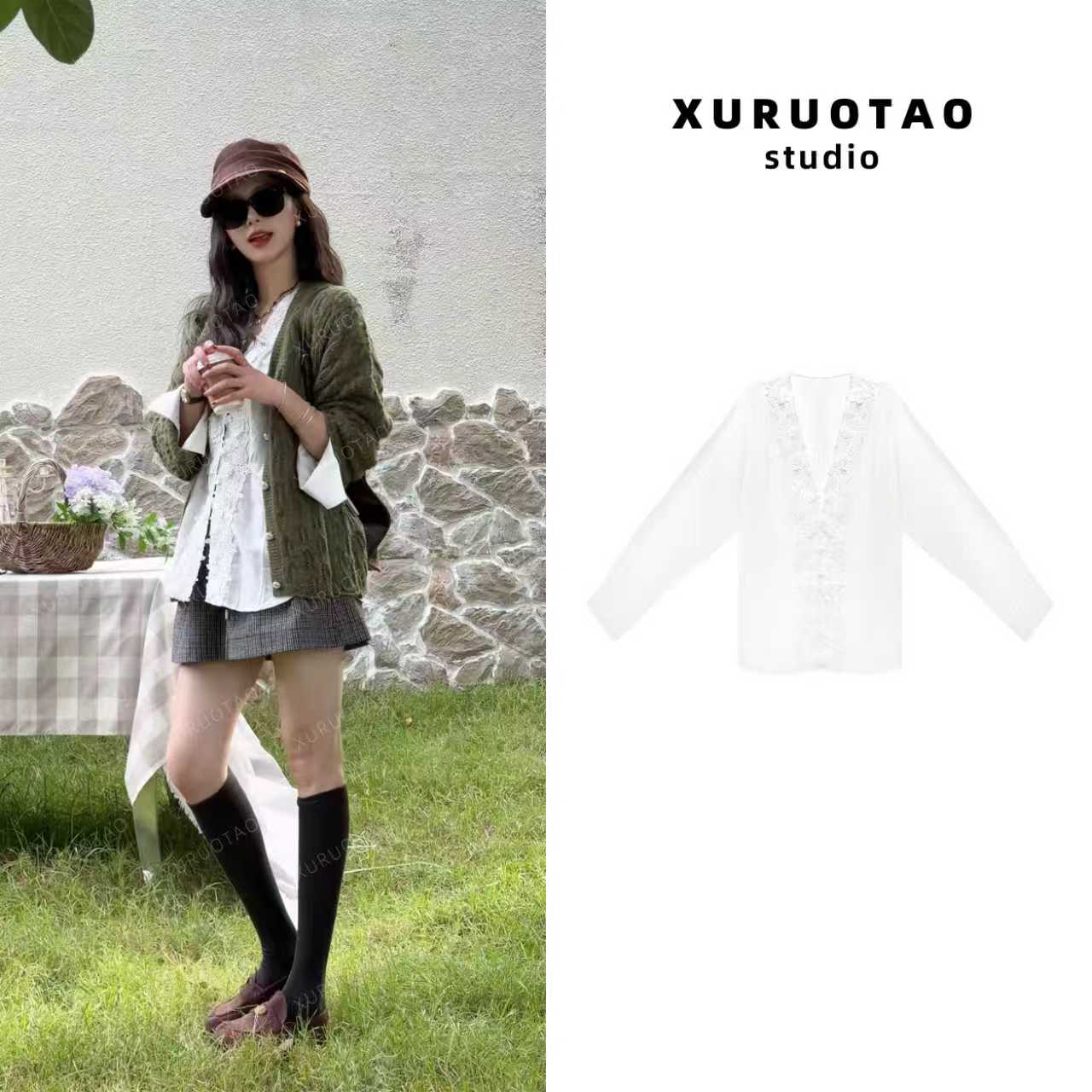 XURUOTAO 【巴黎白玫瑰】 亚麻蕾丝花边设计感显瘦白色上衣 T5590