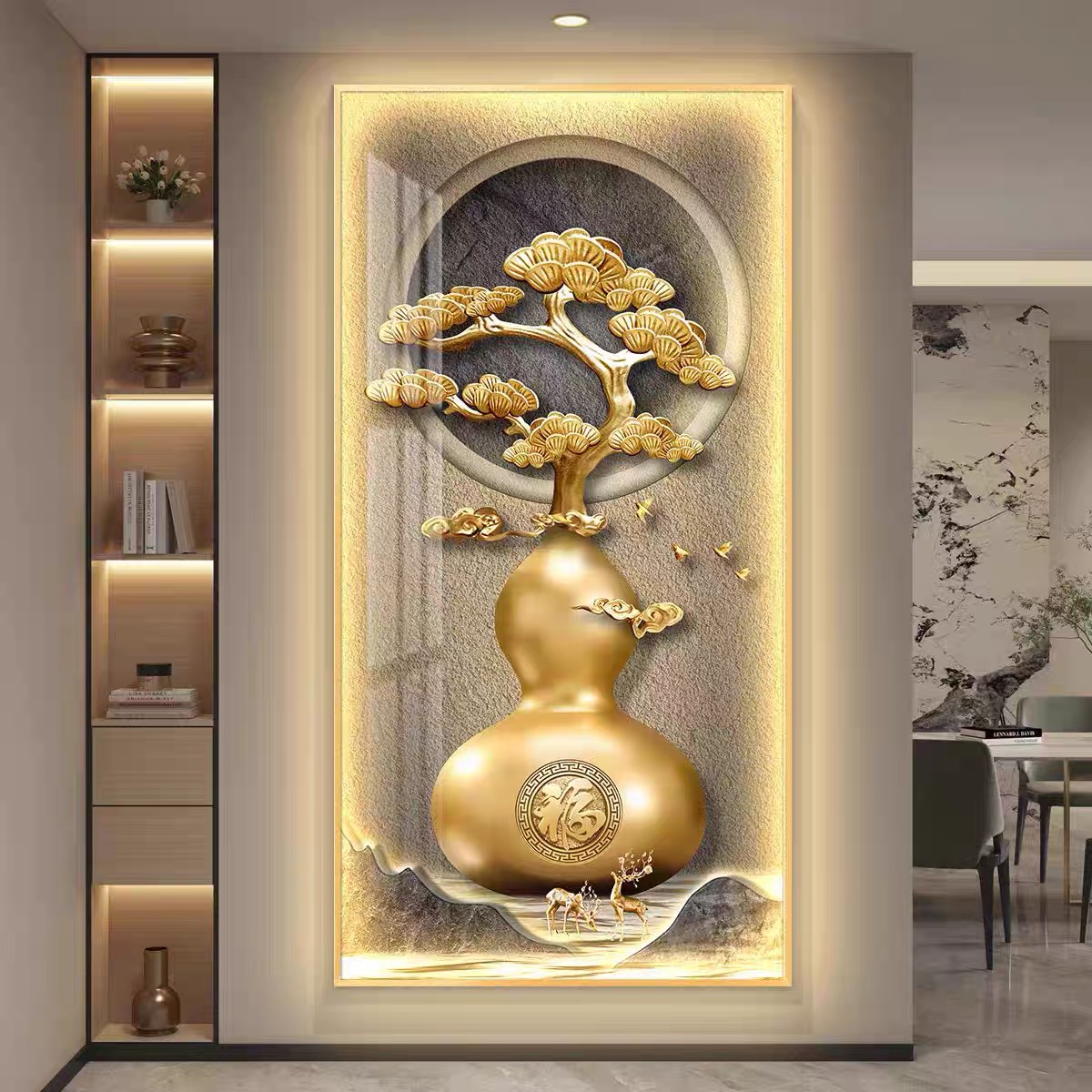 金山富水金鹿送福字发财树入户玄关晶瓷镶钻装饰画