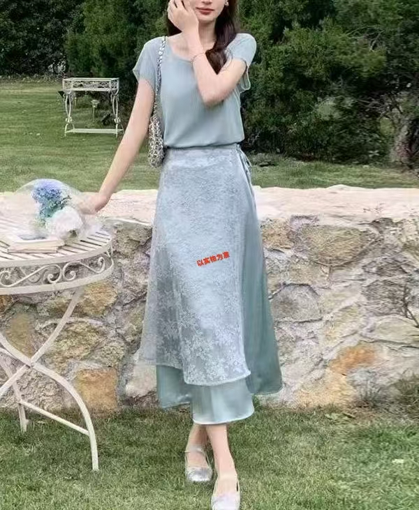 半身裙套装上衣气质时尚夏季复古针织短袖显瘦网红洋气休闲198