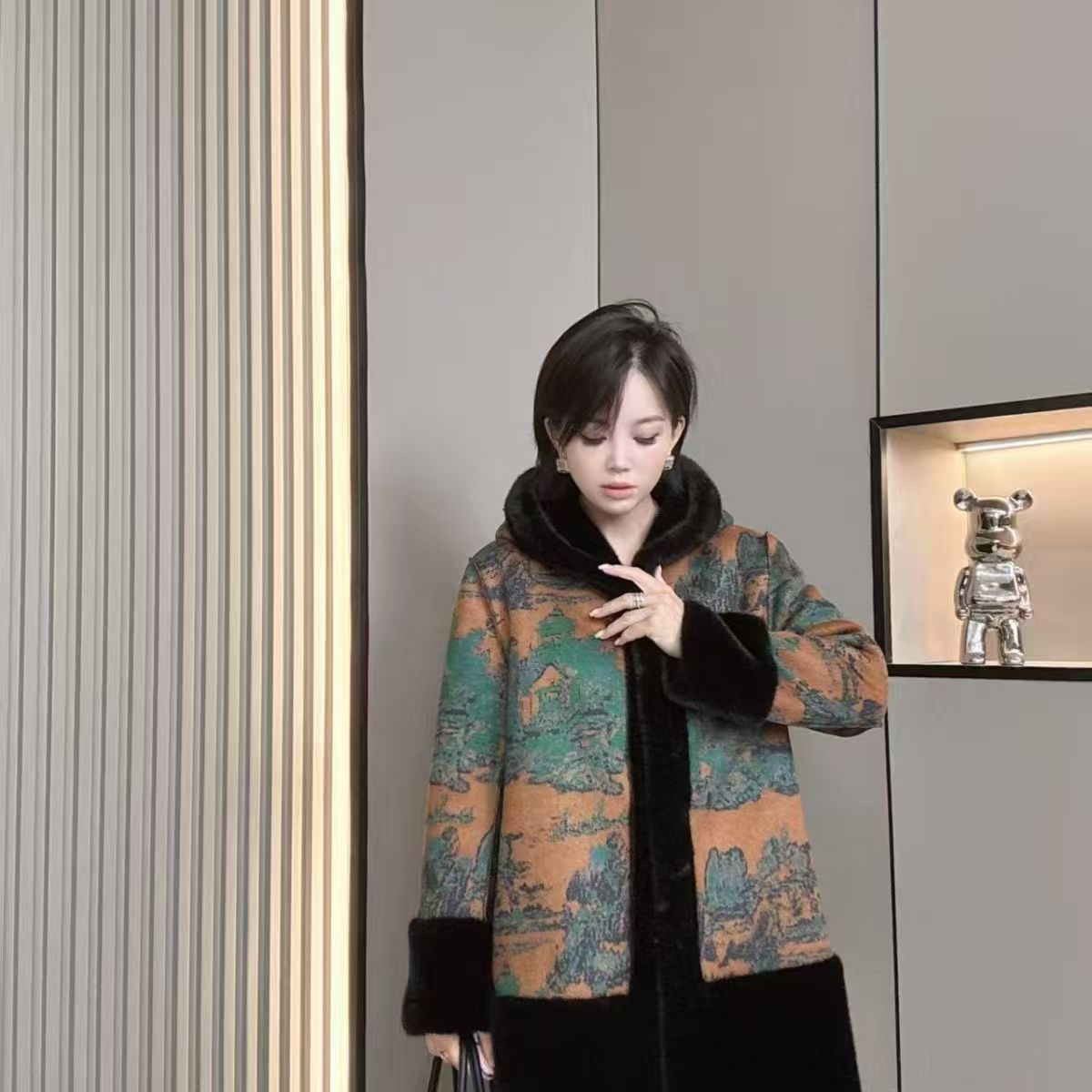 中长款两面穿女士貂绒外套连帽气质国风款百搭显瘦0821