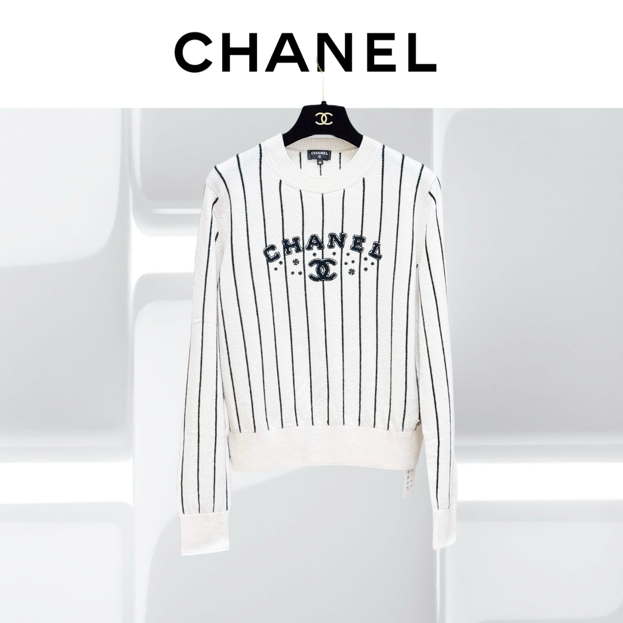 99新 Chanel/香奈儿 36码23P黑白竖条纹字母羊绒毛衣 